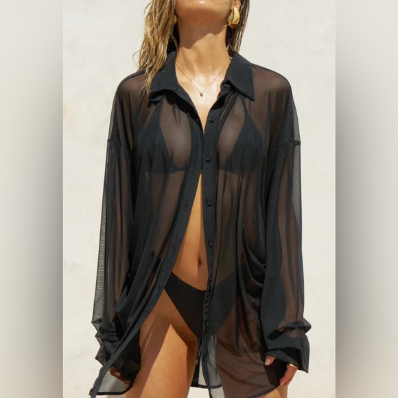 JOAH BROWN OVERSIZED SHEER BUTTON DOWN - Picture 1 of 8